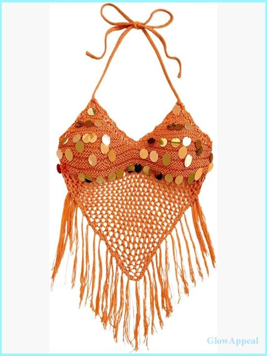 Tops - Sequin Hollow Out Crochet Crop Halter Top Boho Tie Backless Asymmetrical Fringe